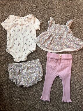 Floral Ribbed Pink & Cream Baby Bodysuit Set BUNDLE